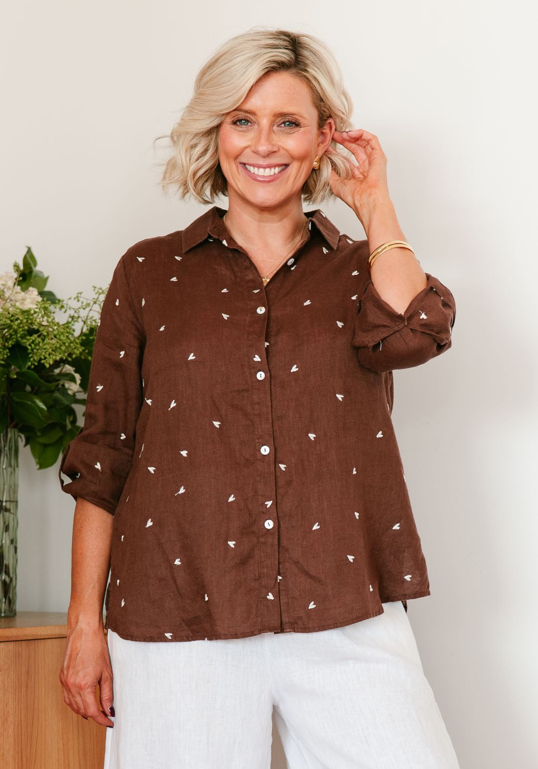 Heart Embroided Shirt Choc